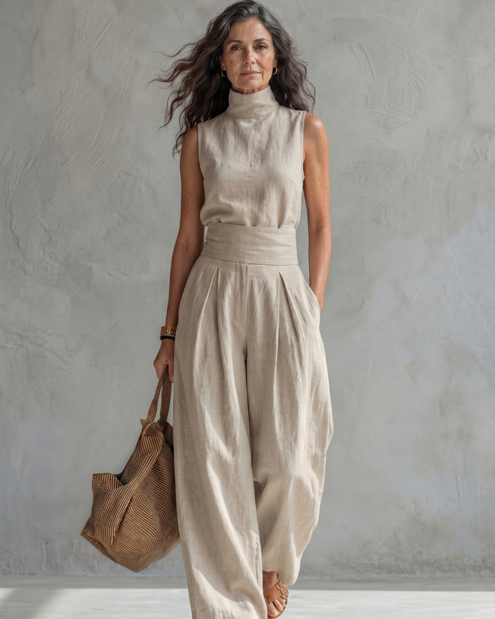 Maria | Conjunto Top y Pantalón Ancho Algodón Lino Azul