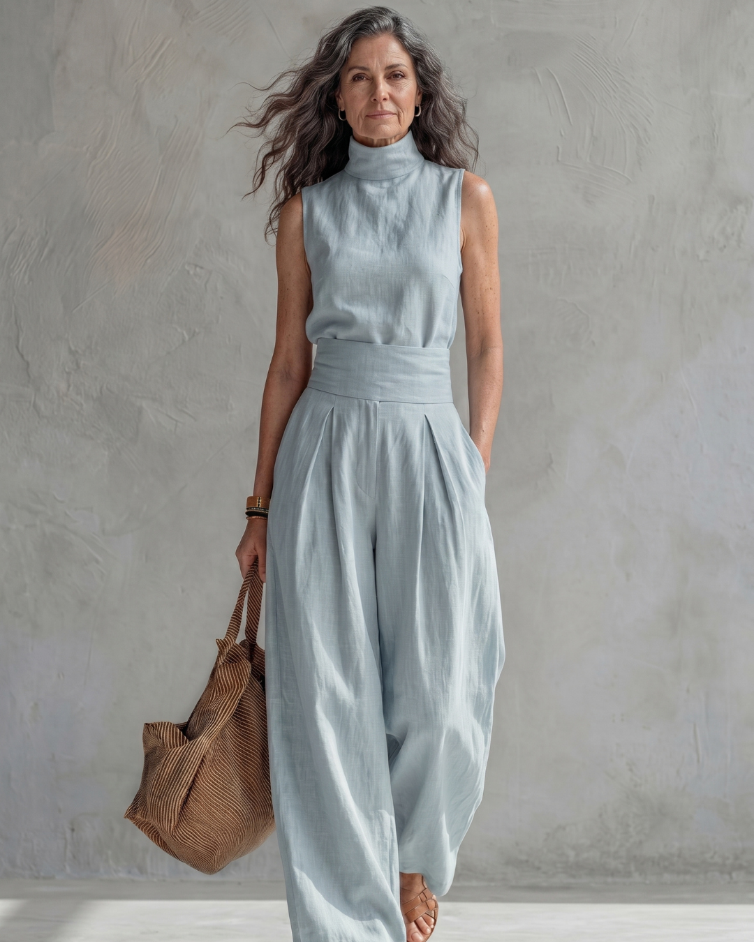 Maria | Conjunto Top y Pantalón Ancho Algodón Lino Azul