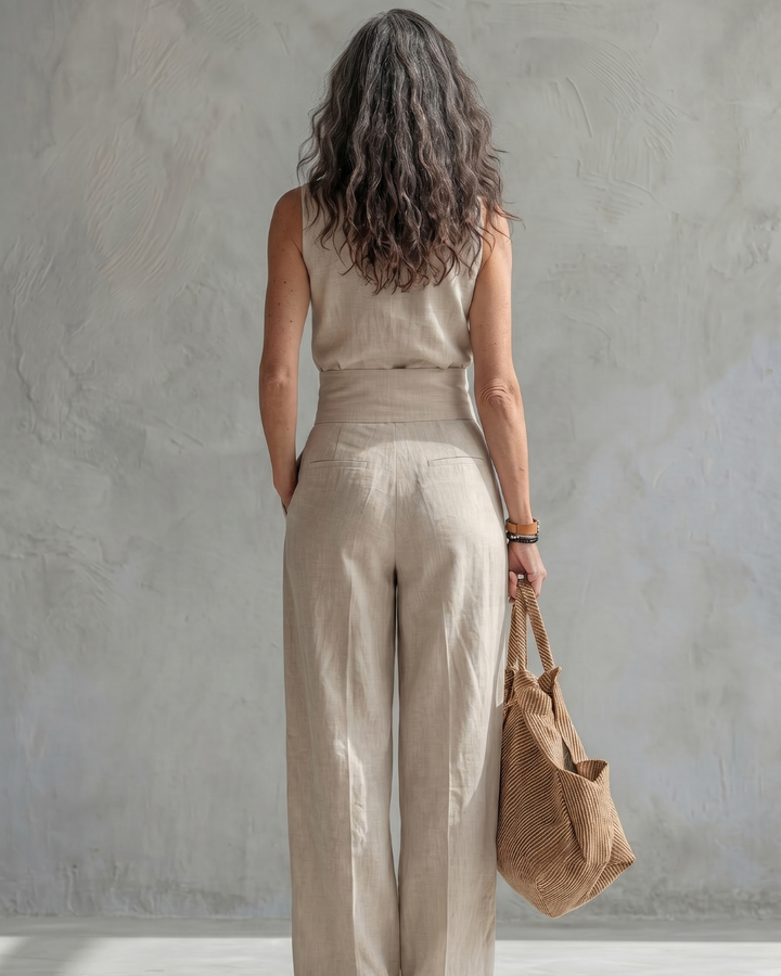 Maria | Conjunto Top y Pantalón Ancho Algodón Lino Azul