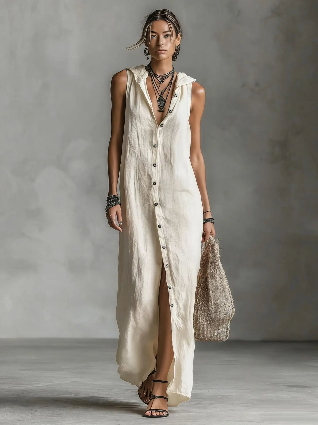 Camila | Vestido Algodón Lino con Capucha